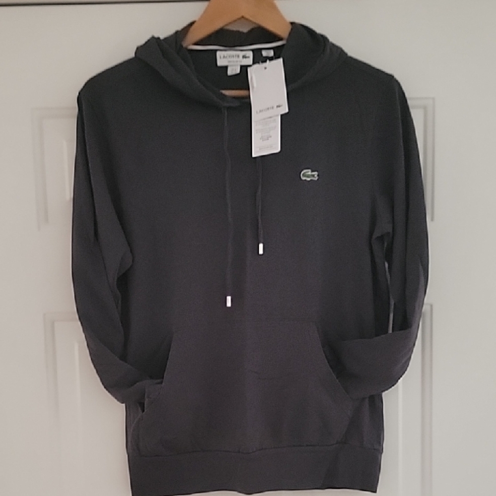 Mens Lacoste Regular Fit Long Sleeve Top, New With Tags, Grey Cotton Hood,Medium